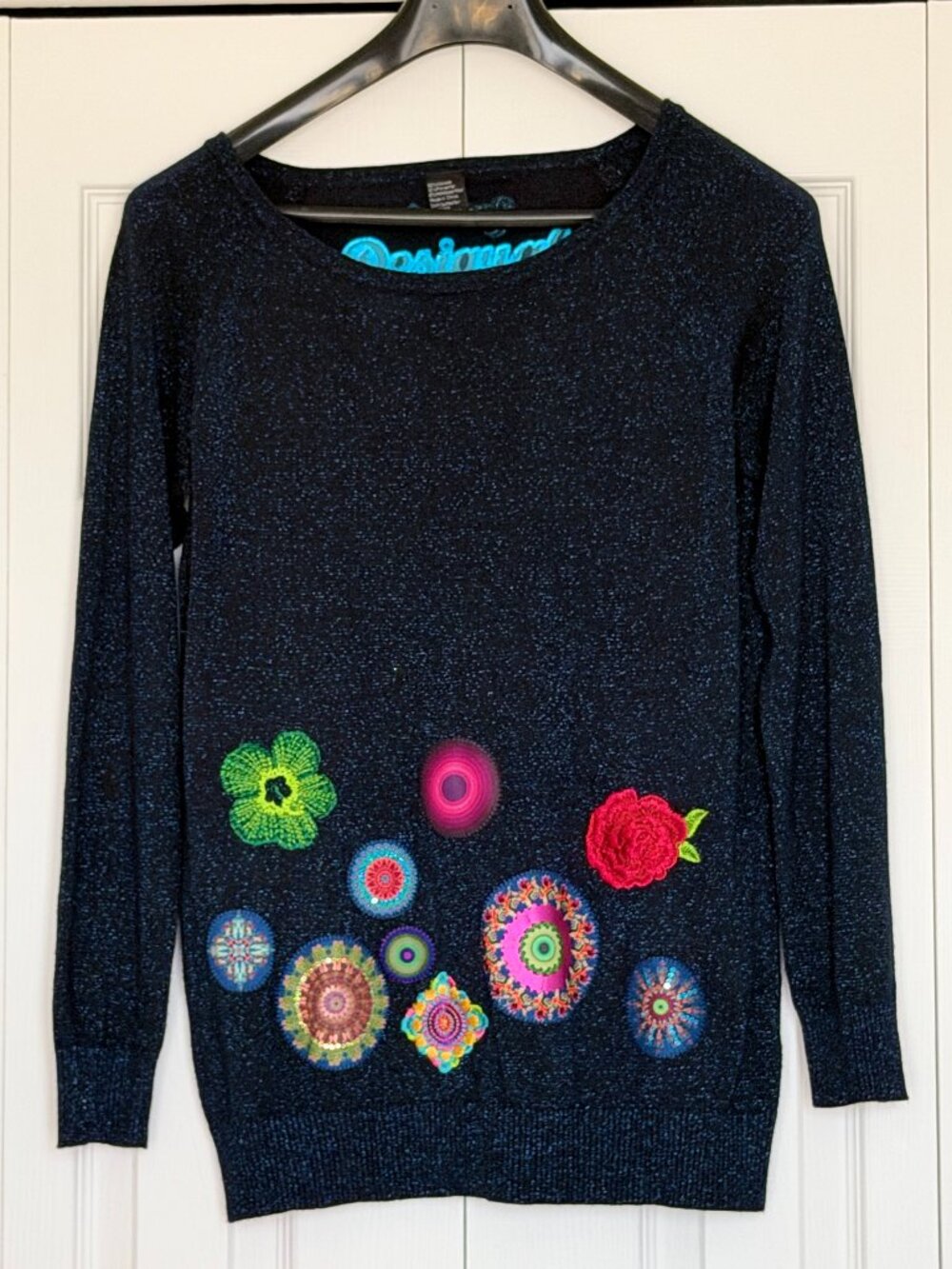 Desigual Midnight Blue Shimmering Sweater with Floral Embroidery